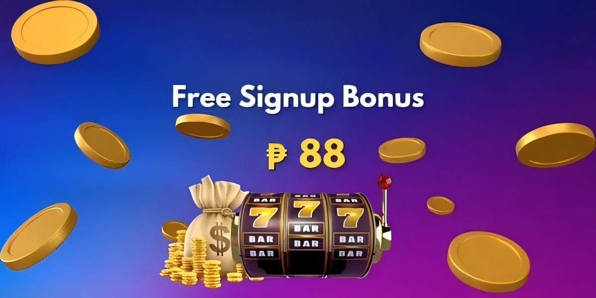 Blue and purple casino campaign banner scattered with gold coins, a slot machine showing triple sevens, a money bag and text reading Free Signup Bonus 88 pesos.