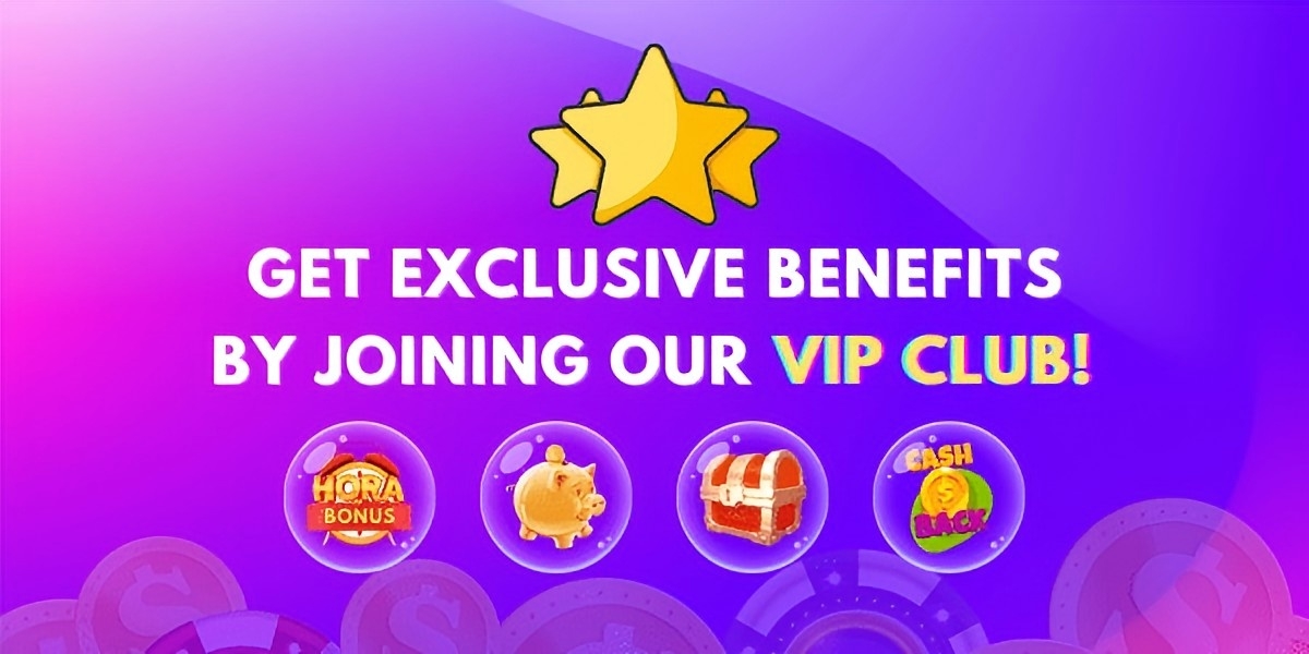 Purple to pink campaign banner with gold stars and bubbles holding a piggy bank, treasure chest and cashback coin, with text reading get exclusive benefits by joining our VIP club.